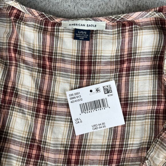 American Eagle Blouse Women Large Red Pink Plaid Peplum Tunic Waist Tie Bell Top - Picture 4 of 11